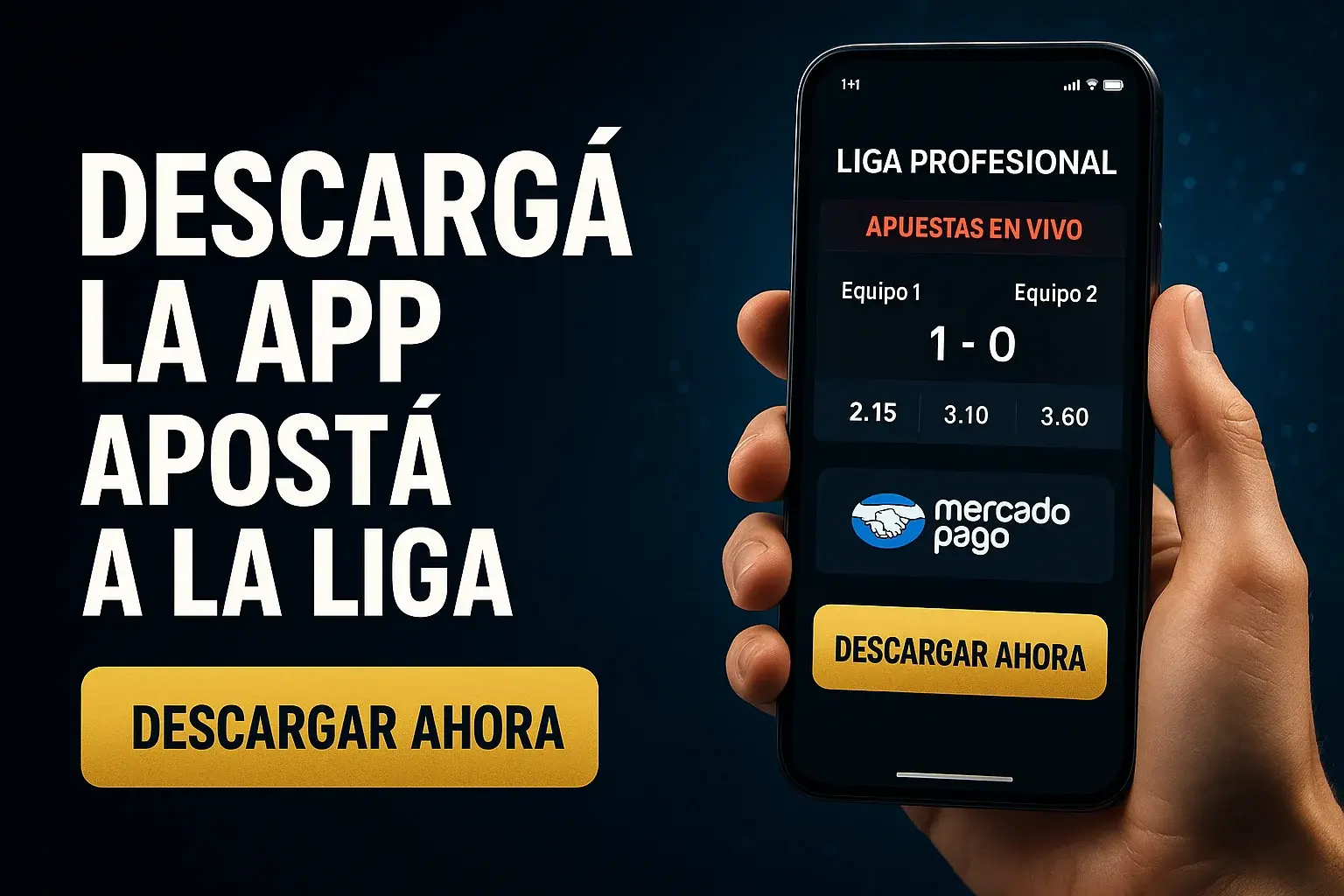 Banner de apuestas deportivas, app Android con Liga Profesional y botón de depósito
