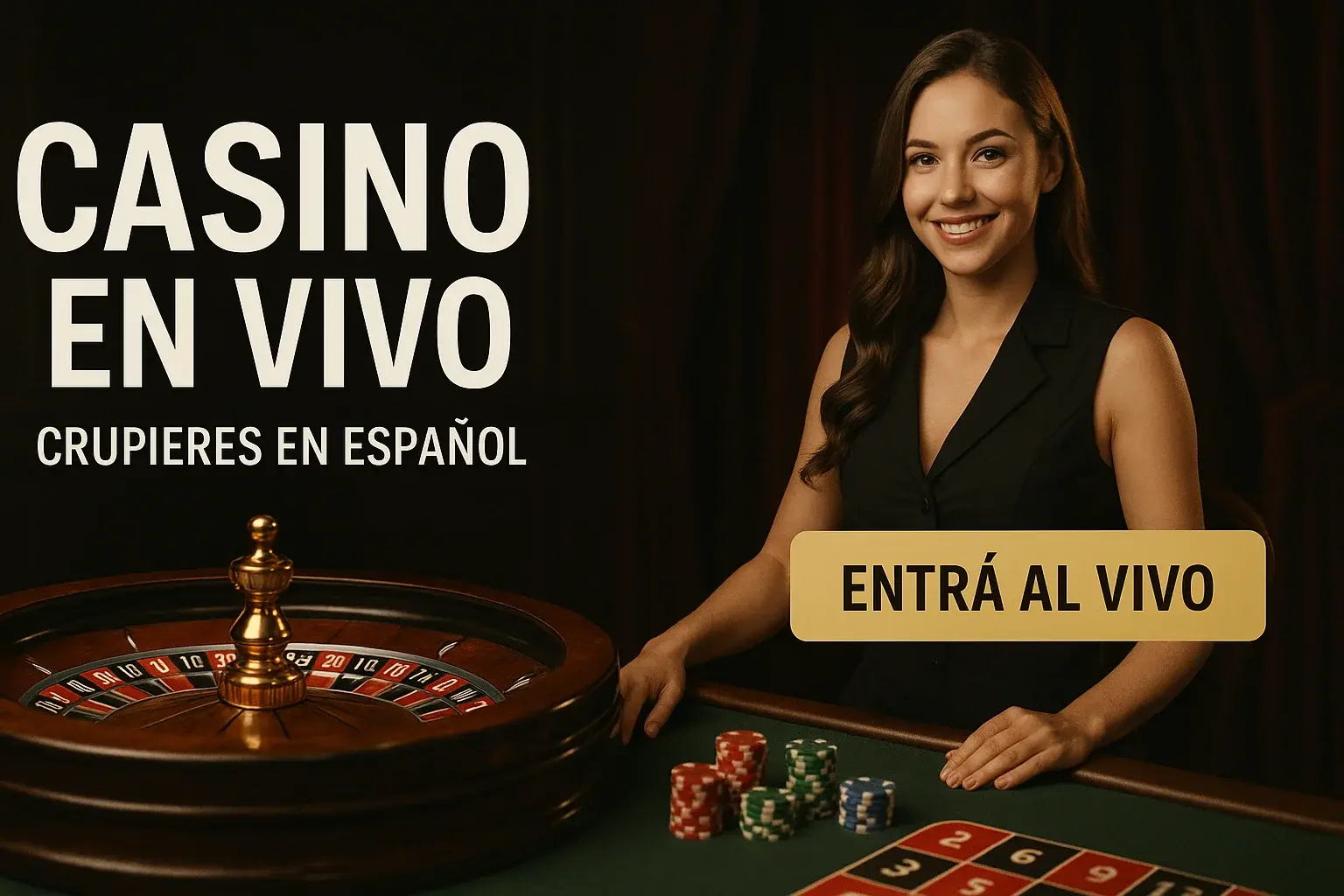 Banner de casino en vivo con crupier en español y ruleta