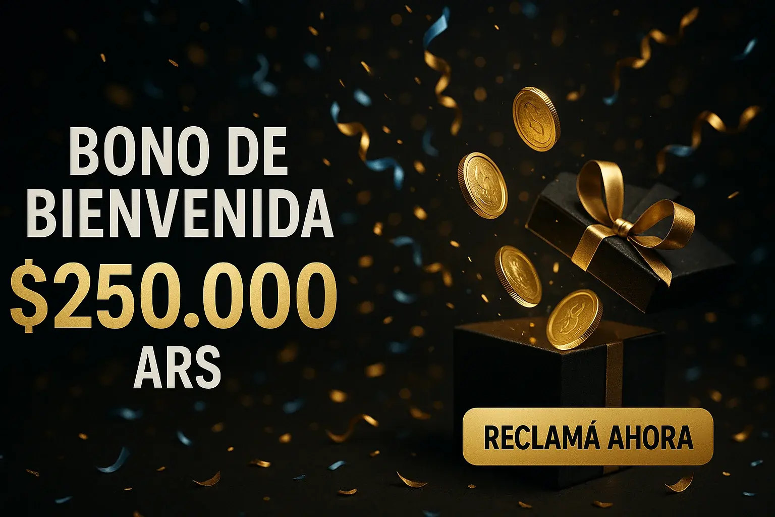 Banner de casino con bono de bienvenida $250.000 ARS y botón Reclamá Ahora